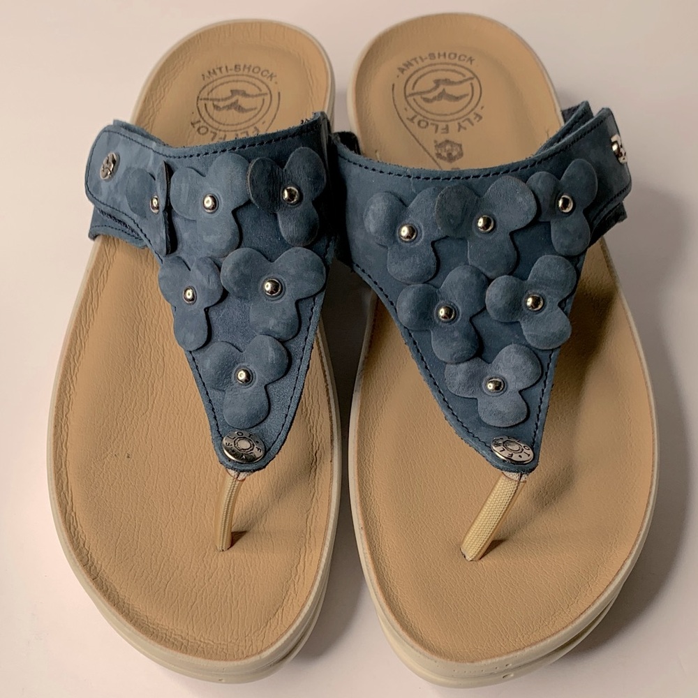 Fly Flot Anti-Shock Comfort Blue Floral Flip Flop Sandals for Women Size 41(9.5)